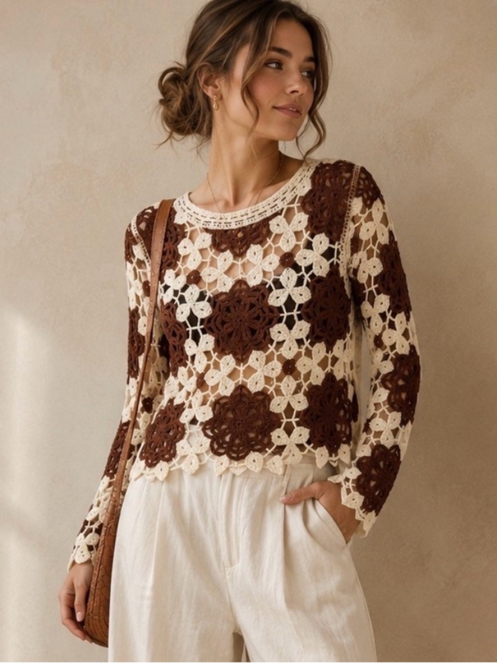 CLOTH by Design Floral Crochet Sweater M/L Cream Brown Boho Open Knit